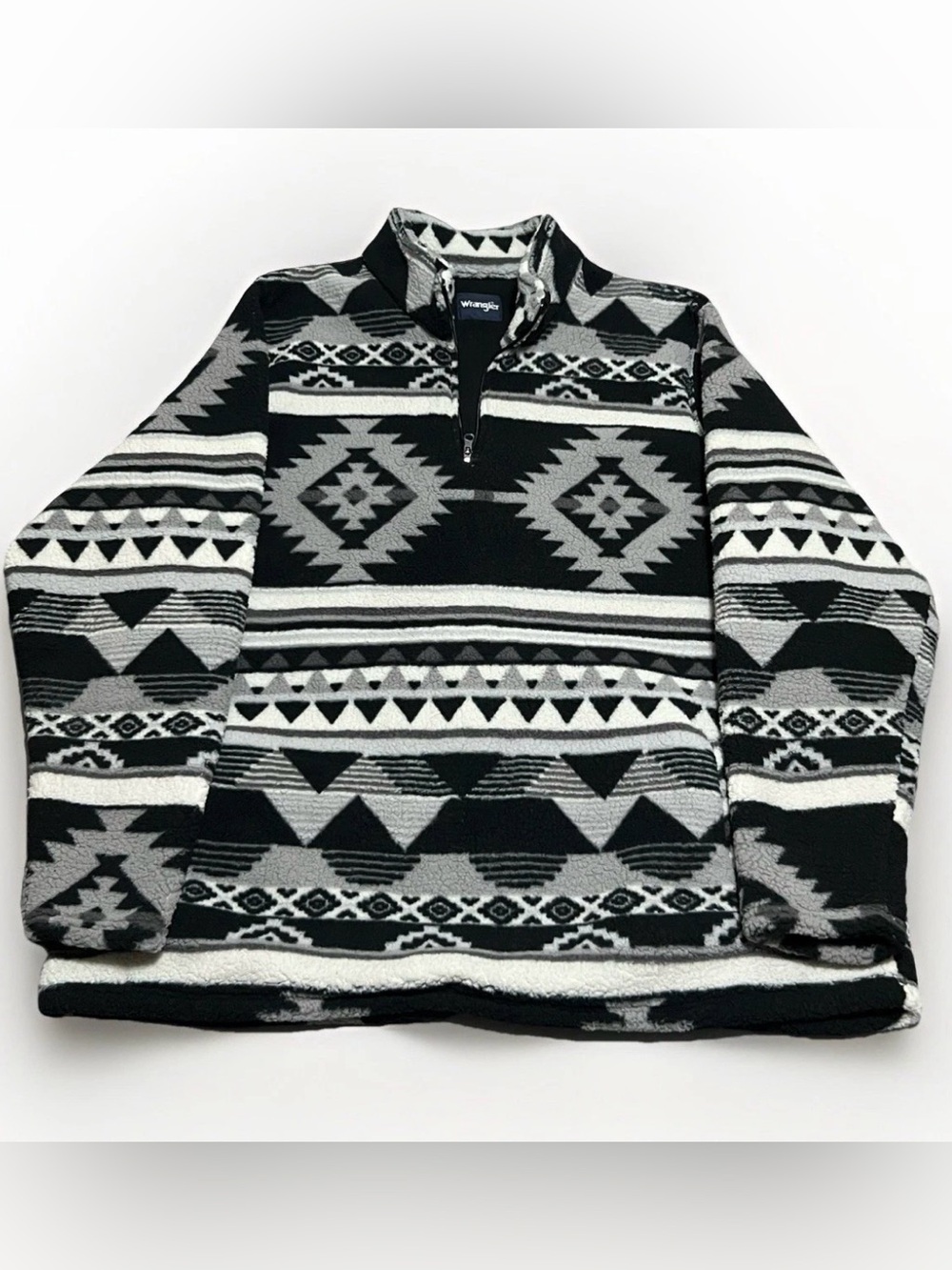 Wrangler Mens 1/4 Zip Aztec Fleece Pullover Size Pockets XXL Black White NWT